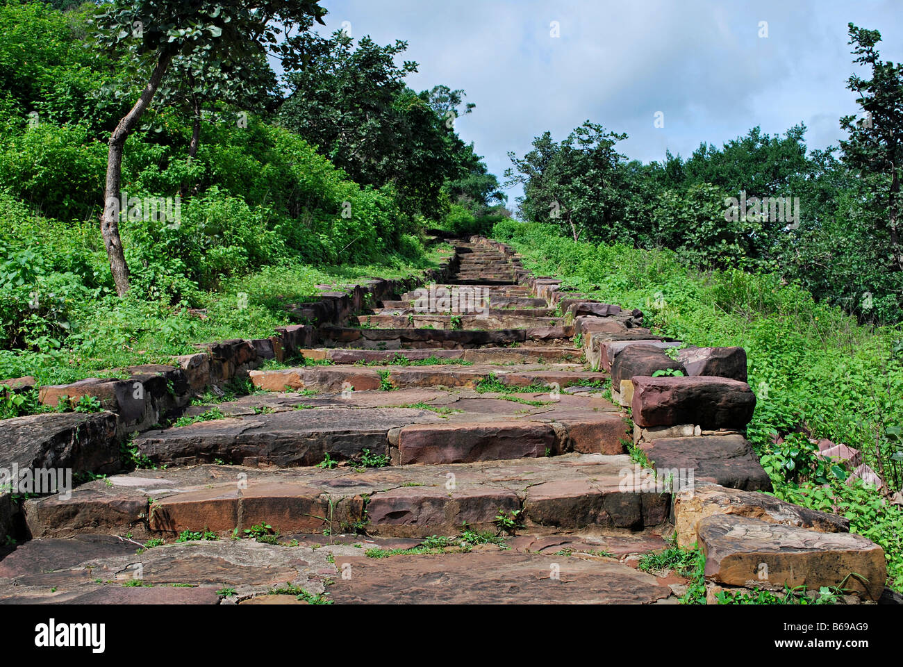 Stairway to Sanchi Stupa. Sanchi, Madhya Pradesh, India. Stock Photo