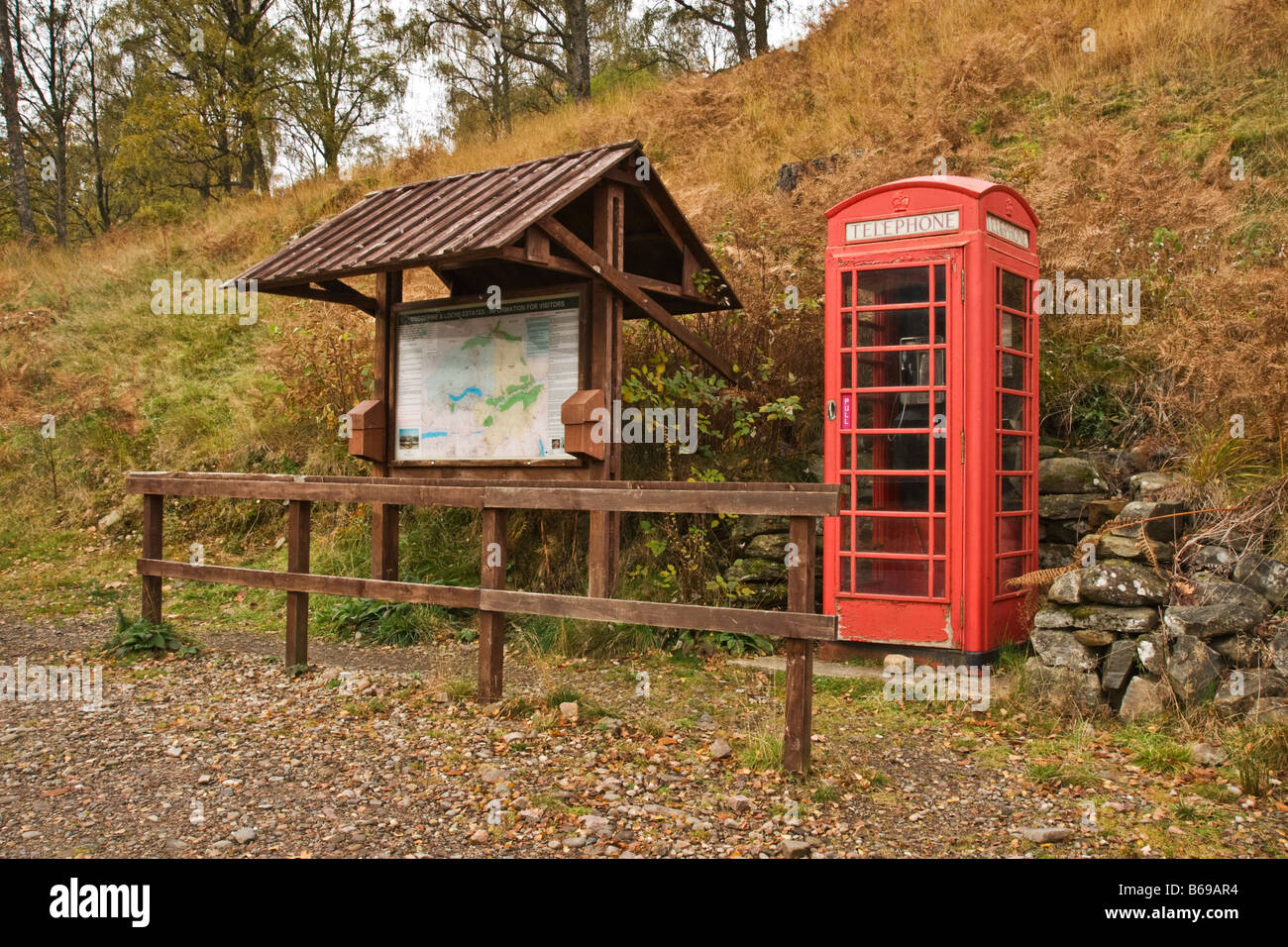 Information board and telephone box, Glen Lyon, Scotland Stock Photo
