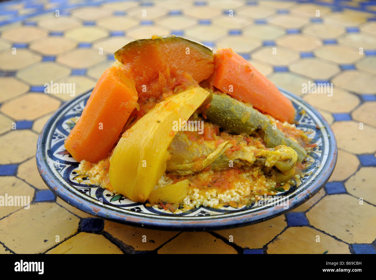 Couscous with vegetables and chicken as served in Marrakech, Morocco Stock Photo