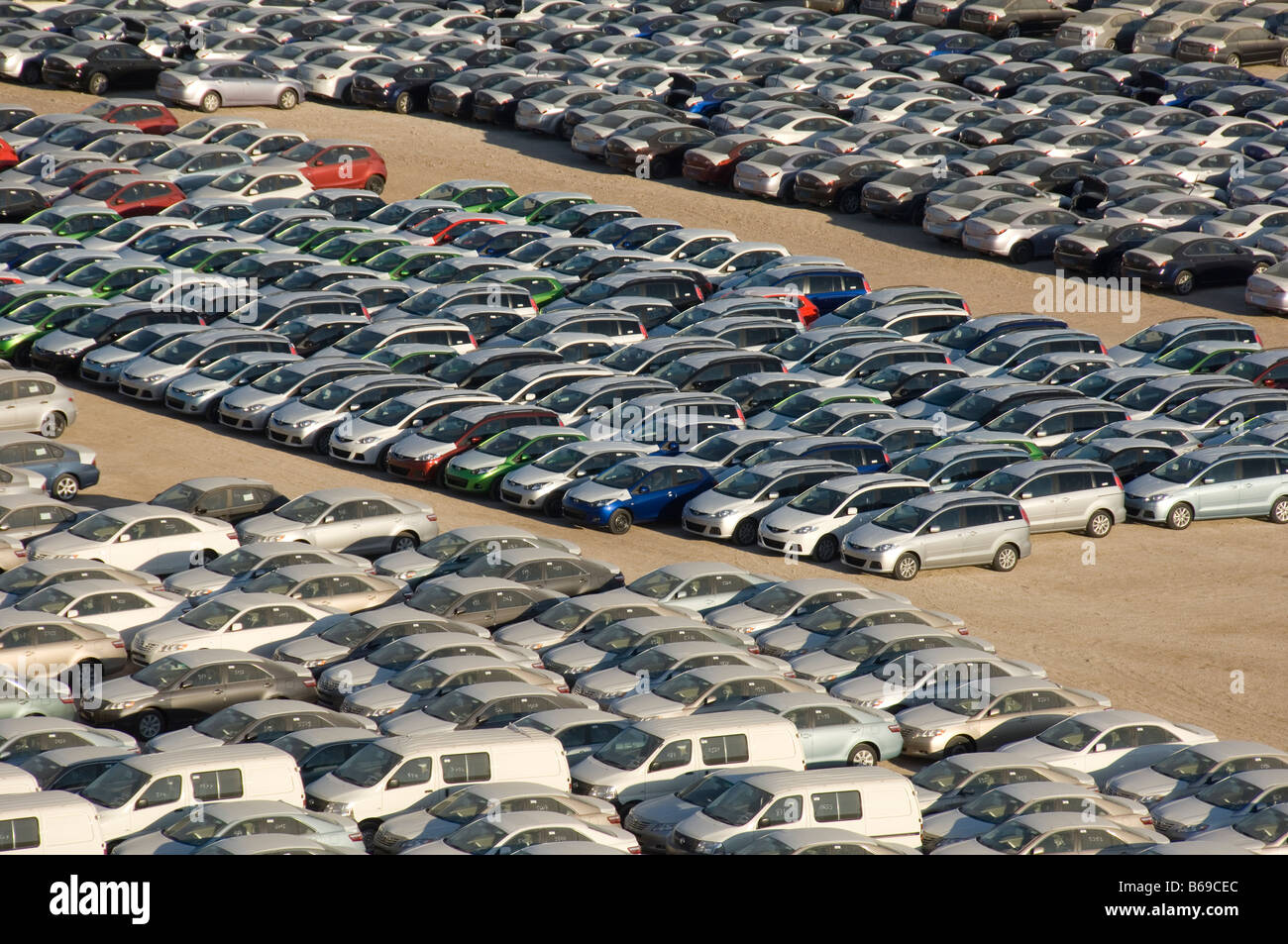 Brand new imported cars await distribution in the Port of Eilat Israel Stock Photo