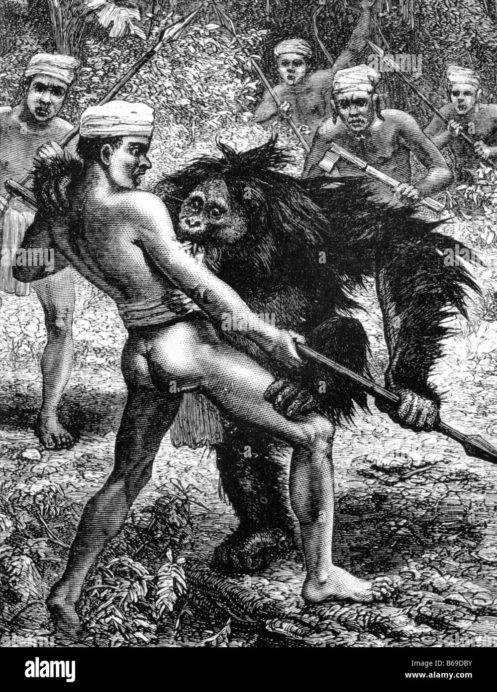 THE MALAY ARCHIPELIGO Illustration from Alfred Russell Wallace's 1869 book showing native Dyaks hunting Orang Utangs Stock Photo