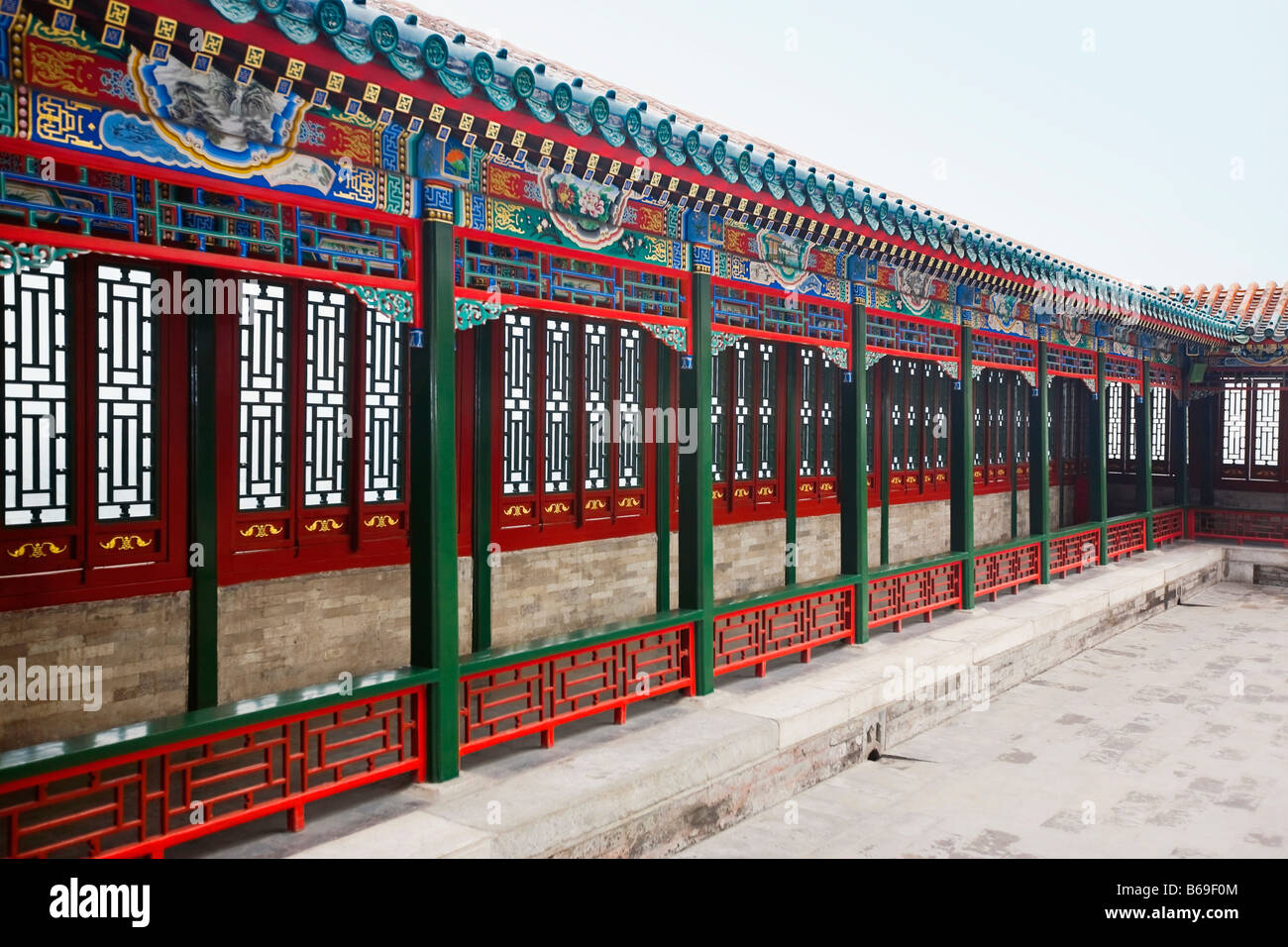 Corridor of a building, Tower of Buddha Fragrance, Summer Palace, Beijing, China Stock Photo