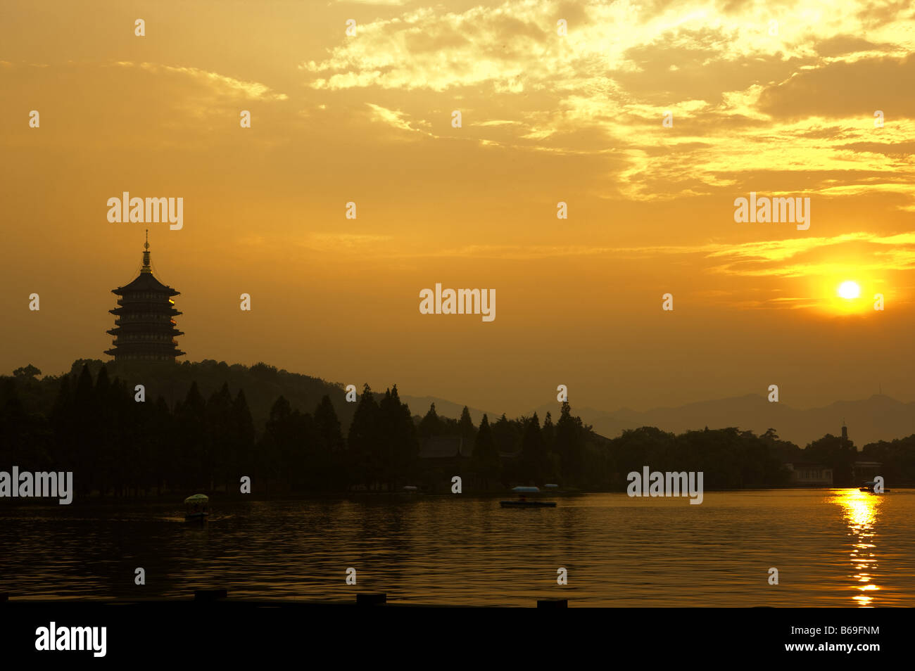Leifeng Pagoda in Evening Glow in Hangzhou Zhejing Province Stock Photo
