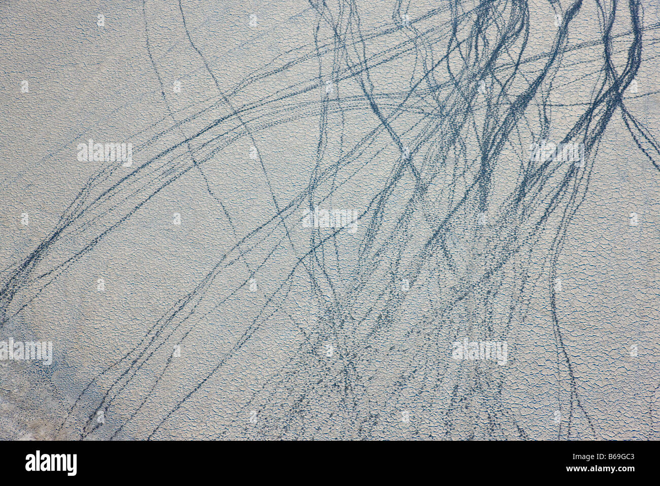 Aerial view of the Makgadikgadi Pans with animal tracks running through the dried up mud Botswana Stock Photo