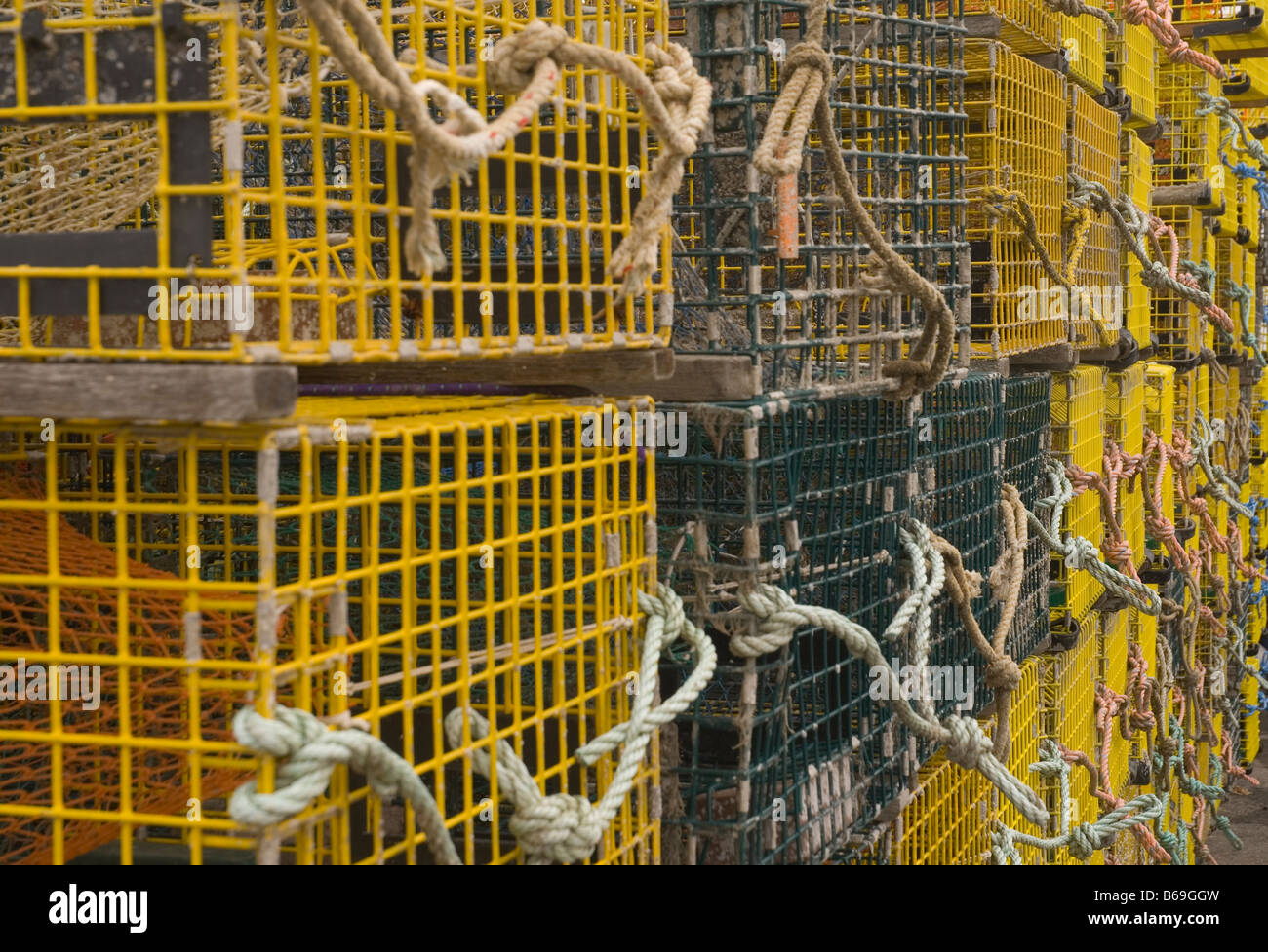 lobster traps stacked at the docks in Newport Rhode Island Stock Photo