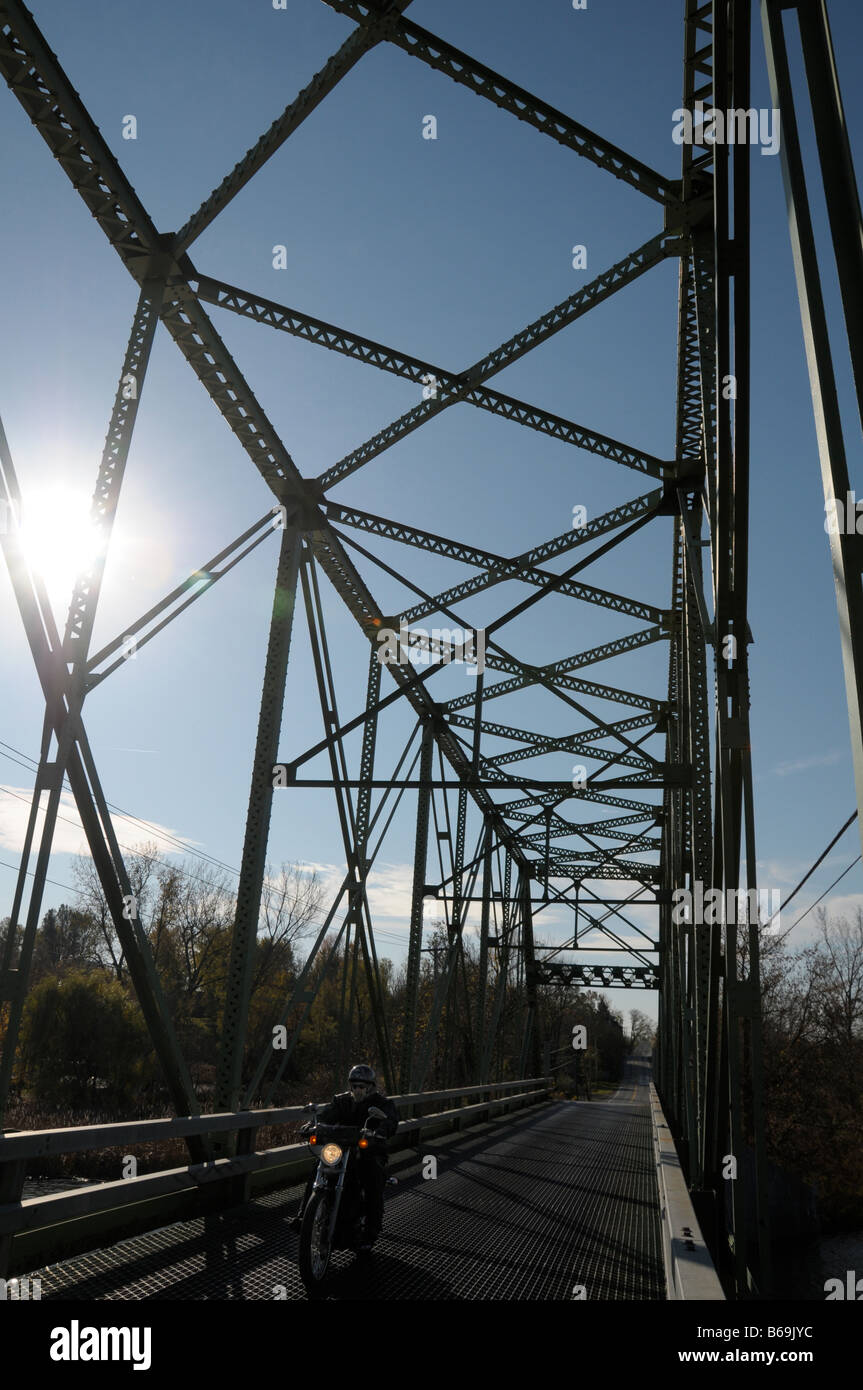 Single lane steel bridge over the Erie Canal, Macedon NY USA. Stock Photo
