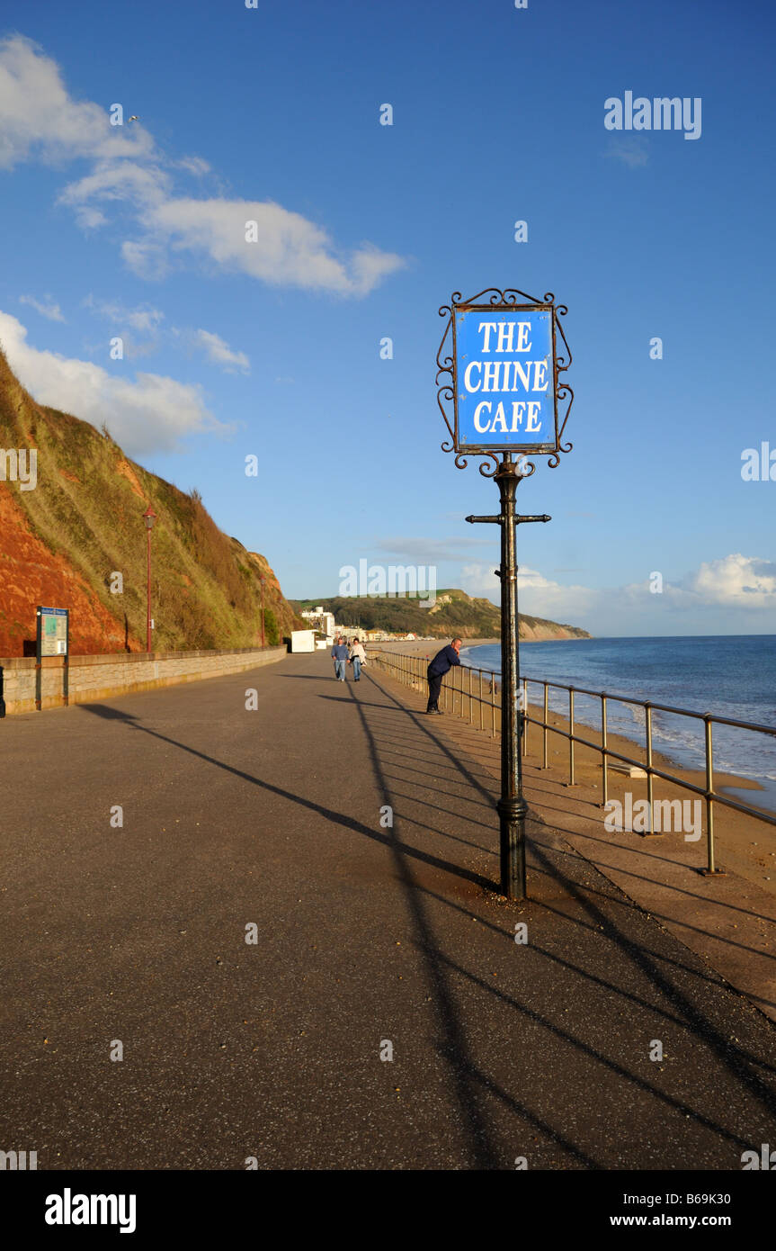 The sea front and Chine Cafe sign on the seafront along the Jurassic Coast at Seaton, Devon, England, UK. Stock Photo