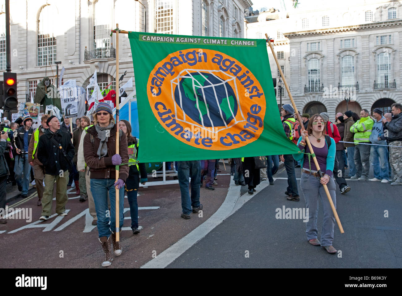 Campaigners with Campaign Against Climate Change banner March London December 2008 UK Stock Photo