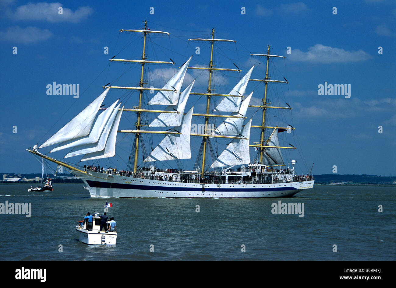 Tall Ship sailing along River Seine as part of the Rouen Armada, near