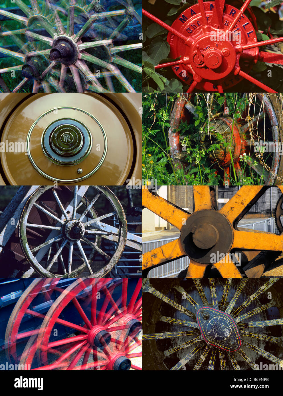 Multiple 8 x Image vertical format montage - Wheels. Stock Photo