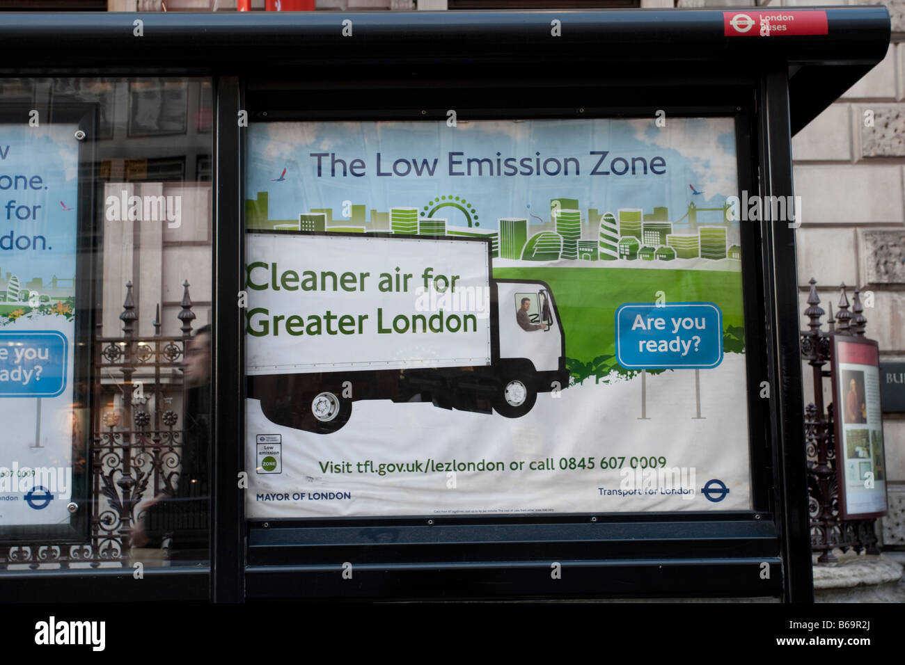 Low emissions zone sign Cleaner Air for London on bus stop Central London UK Stock Photo