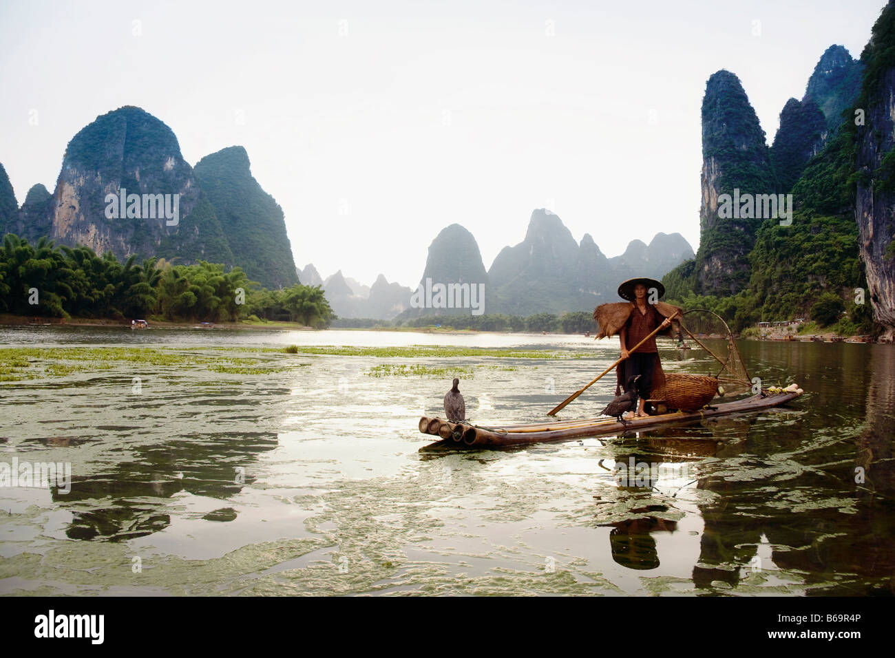 Fisherman on a bamboo raft with a hill range in the background, Guilin Hills, XingPing, Yangshuo, Guangxi Province, China Stock Photo