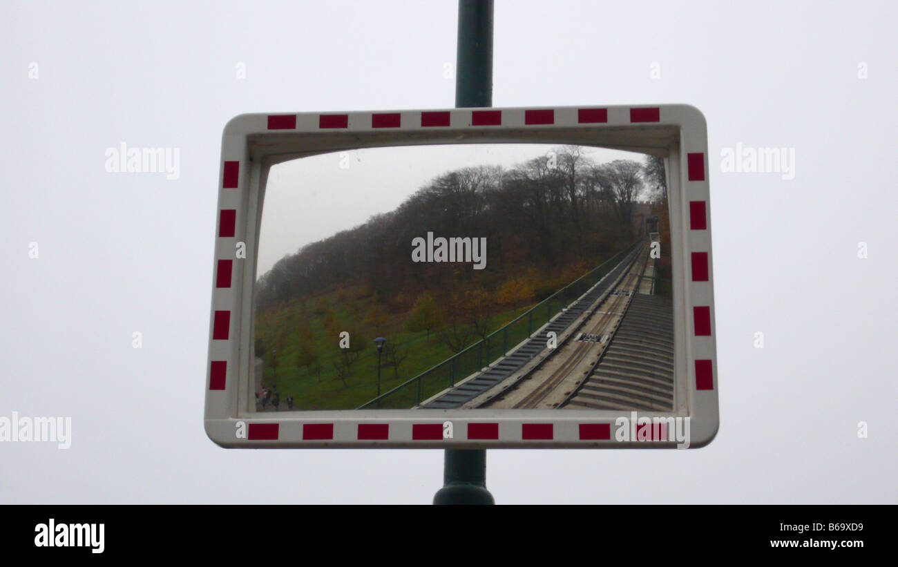 Traffic mirror on railway, Devon, England Stock Photo