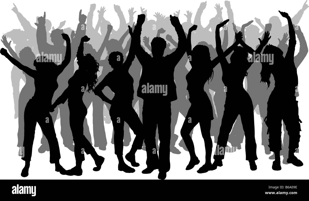 Silhouettes of lots of people dancing Stock Photo