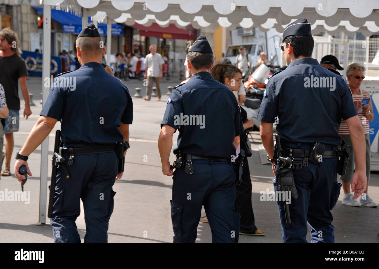 Three french policemen on patrol, Marseille, France, Europe Stock Photo