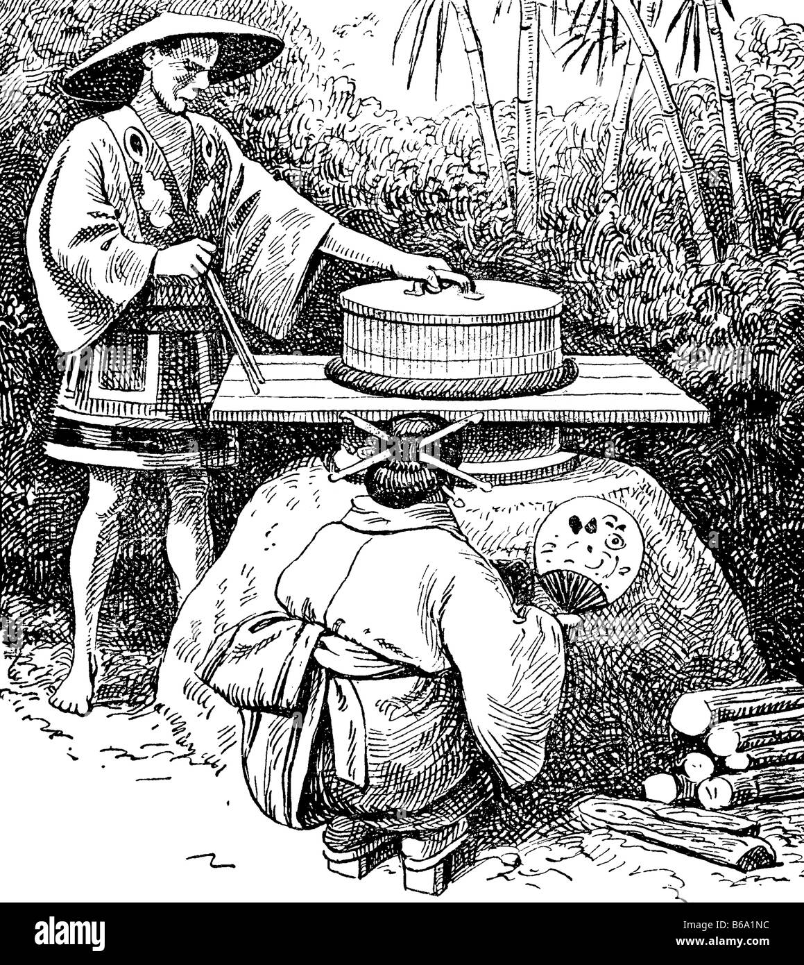 Drying tea leaves in China. Antique illustration. 1900. Stock Photo