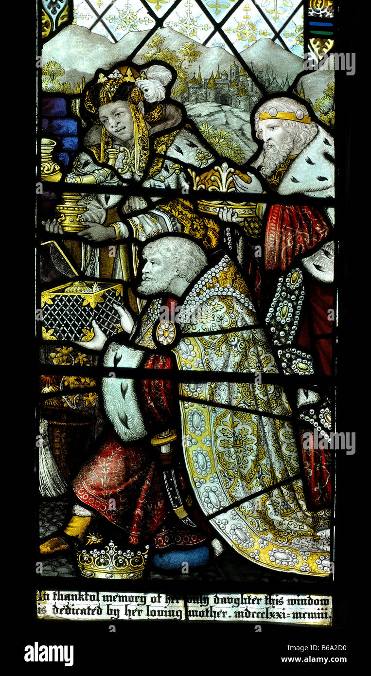The Magi stained glass, St. Peter and St. Paul Church, Steeple Aston, Oxfordshire, England, UK Stock Photo