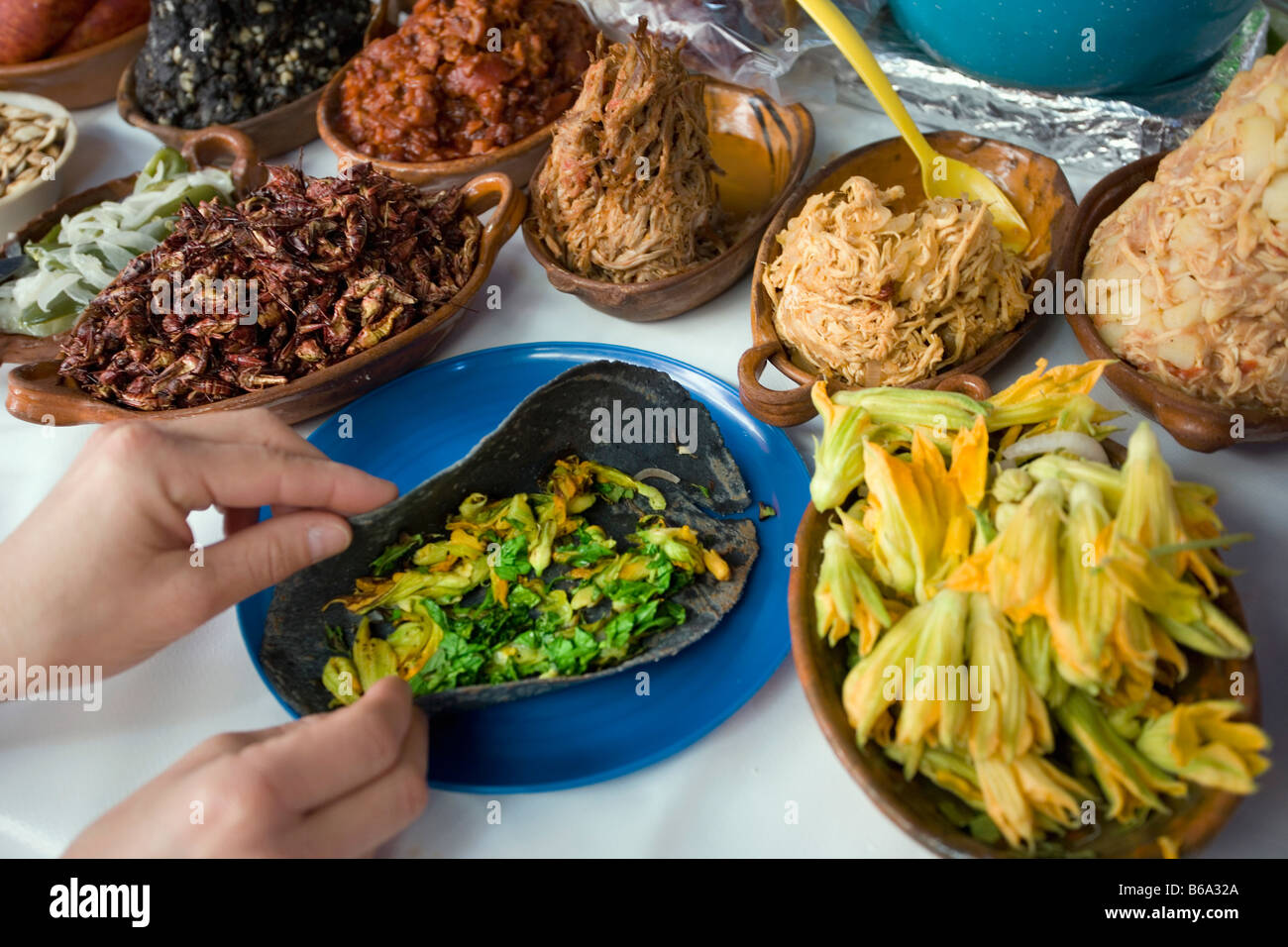 Mexico, Tepoztlan, near Cuernavaca, Market, Vegetables for tortillas. Criquets and flowers to eat Stock Photo