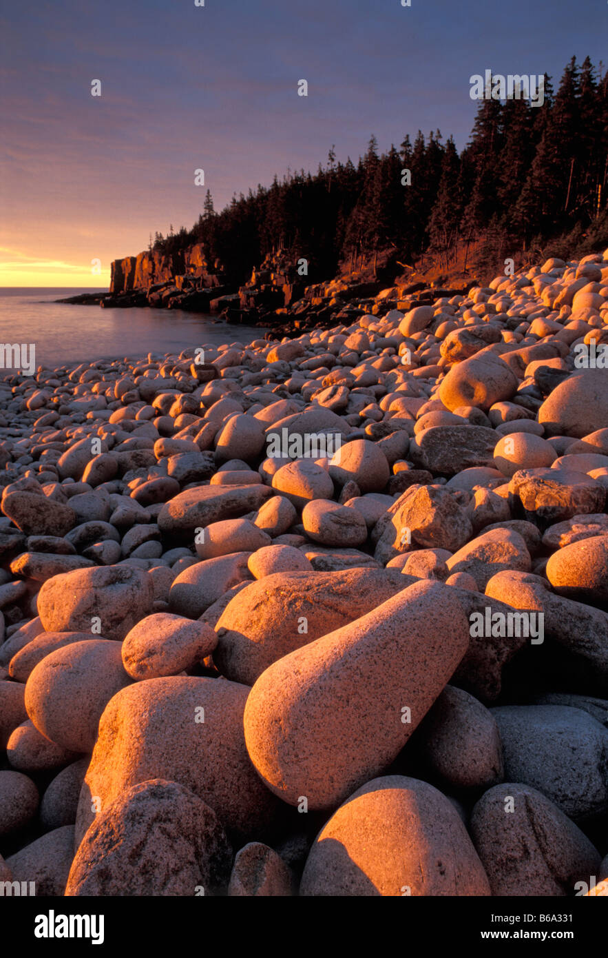 Granite boulders at sunrise Atlantic Ocean shoreline rocky cliffs of Otter Point in distance Acadia National Park Maine USA Stock Photo