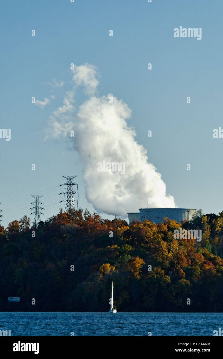 Sailboat on Watts Bar Lake with Cooling Towers of the Watts Bar Nuclear