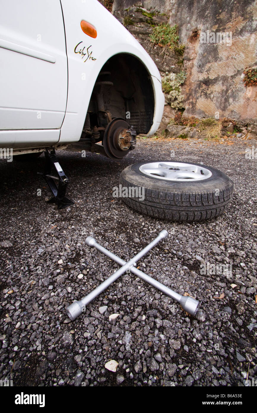 Changing a Flat Tyre Stock Photo