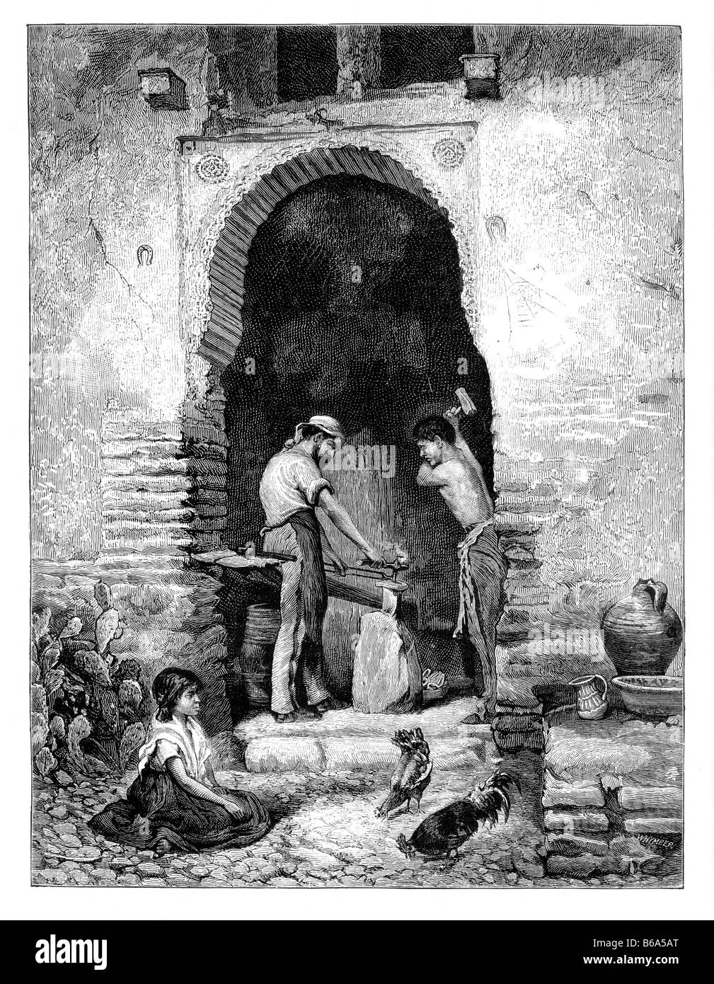 Blacksmith s Forge in Granada Spain 19th Century Illustration Stock Photo
