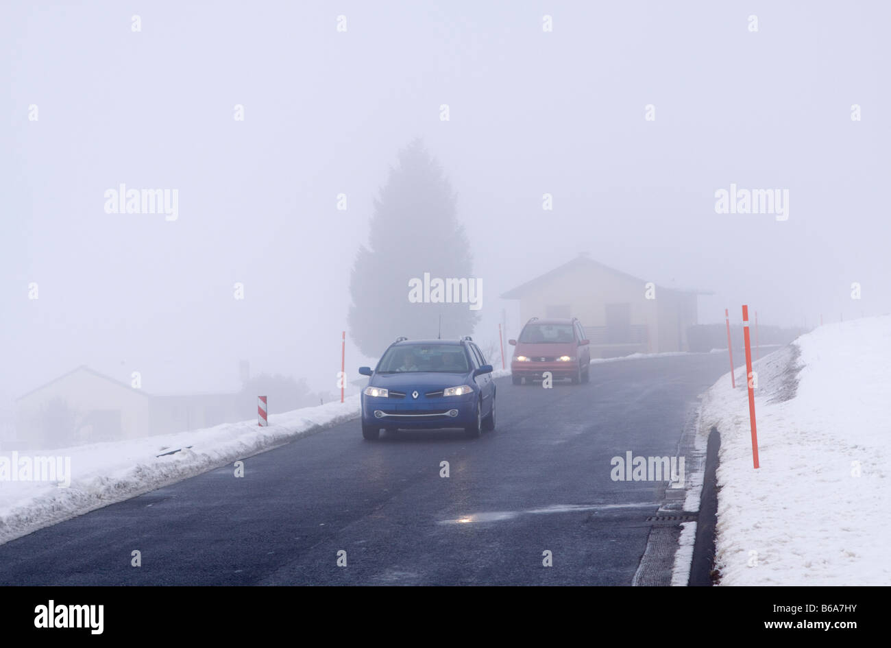 Driving in Difficult Road Condition in Switzerland Stock Photo