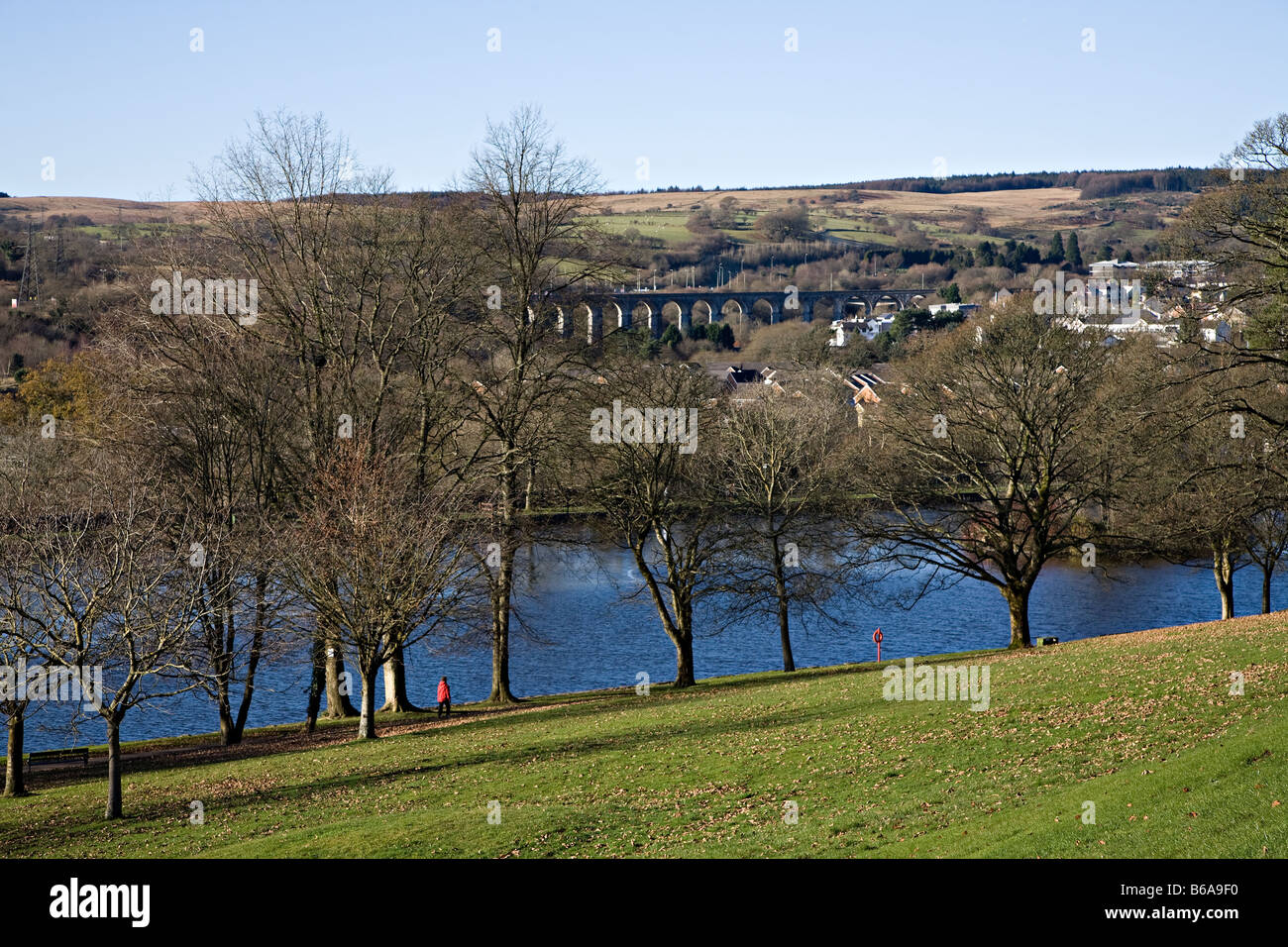 Man walking in Cyfarthfa Park with lake and Cefn Viaduct Merthyr Tydfil Wales UK Stock Photo