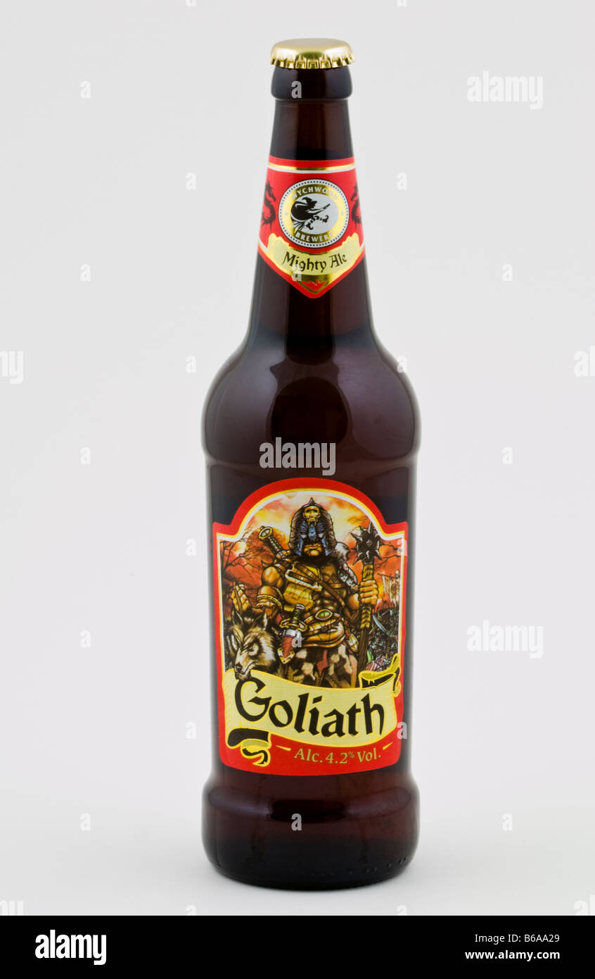 Bottle of Goliath Mighty Ale brewed at the Wychwood Brewery Witney Oxfordshire England UK Stock Photo