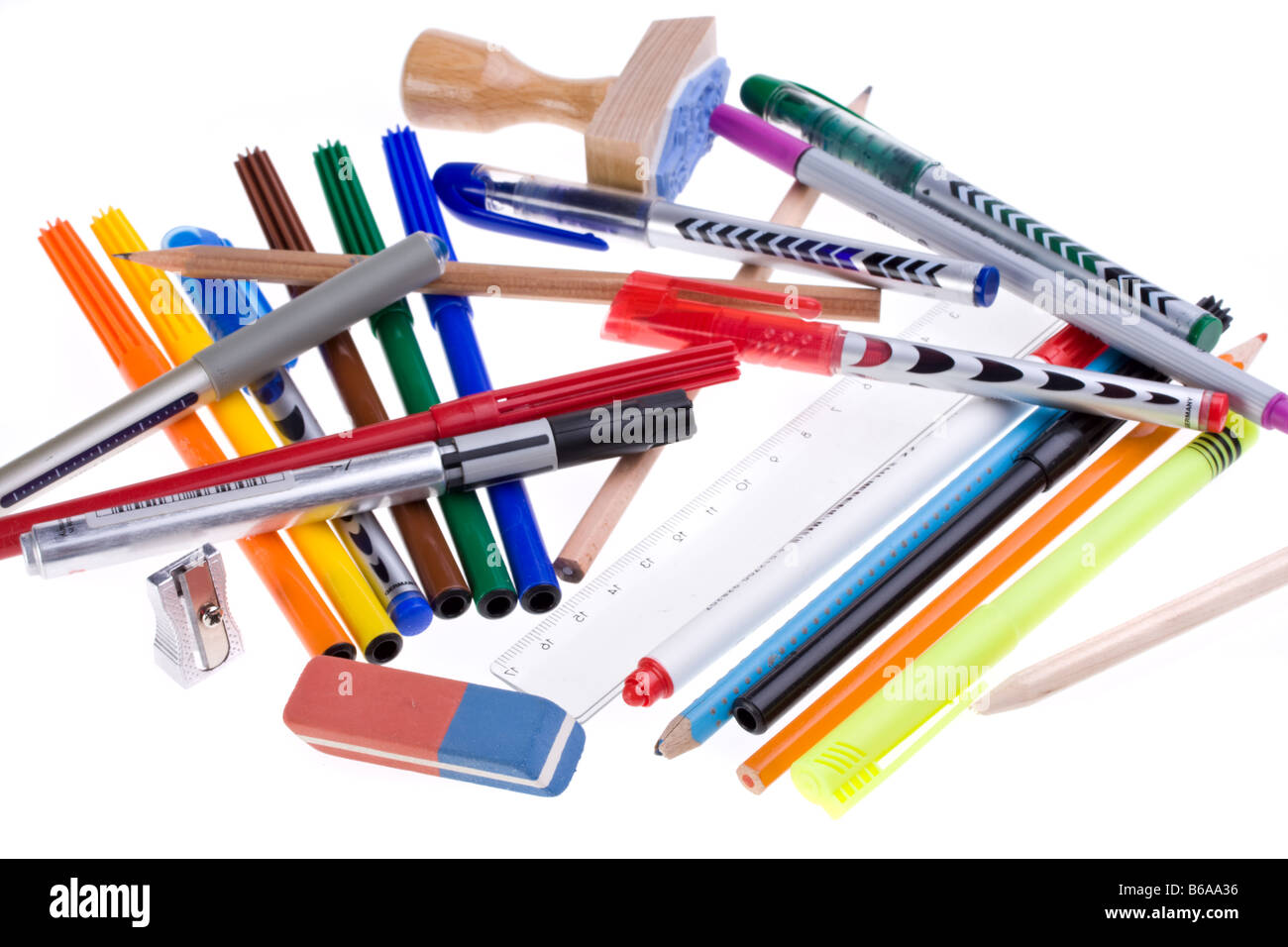 writing utensils, pens and an eraser isolated on white background Stock  Photo - Alamy