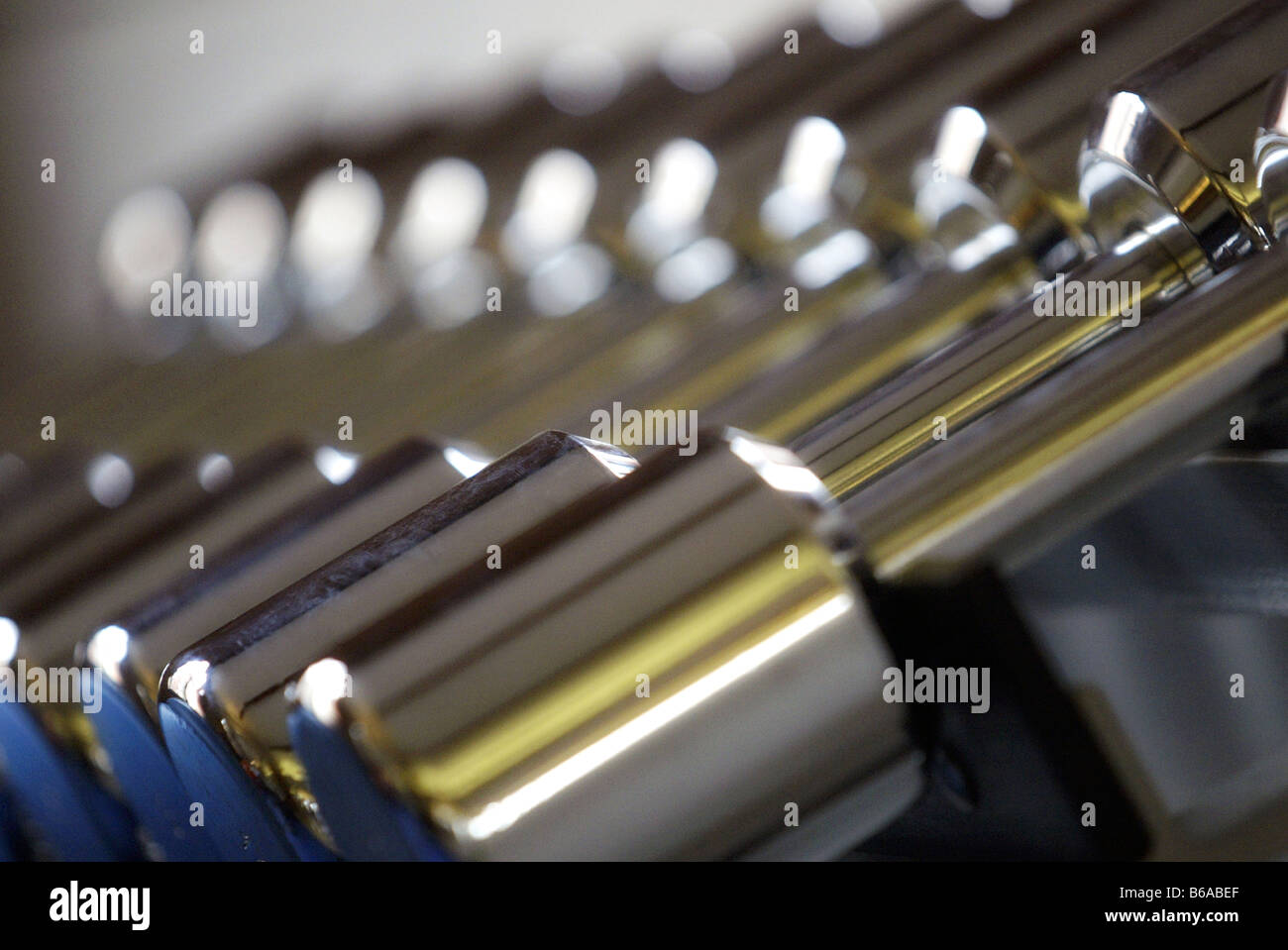 Dumbells on a rack in a gym Stock Photo