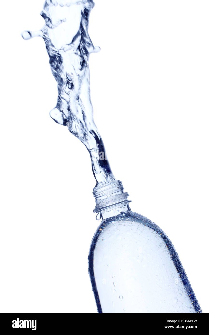 Water splashing out of water bottle on white background Stock Photo