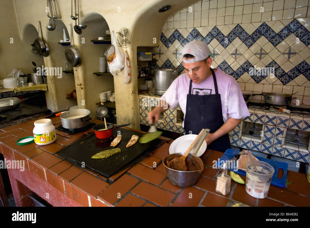 Mexico, Malinalco, Kitchen of restaurant. Stock Photo