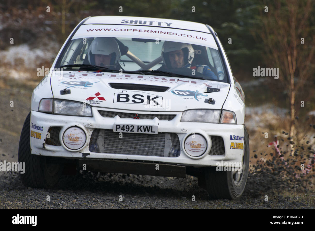Rally Car on a special forest stage of a motor sport rally. Grizedale ...