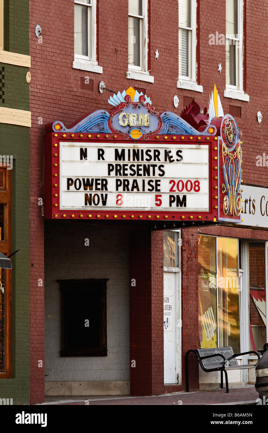 Old Theater Marquee Advertising Ministry Power Praise in Etowah Tennessee Stock Photo