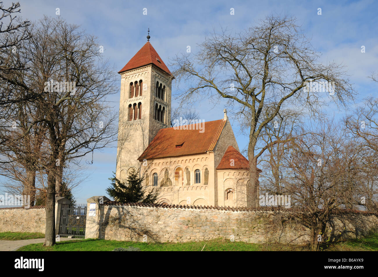 Old 12th century romanesque st. James Church in the village of Jakub, Kutná Hora District, Czech Republic. Stock Photo
