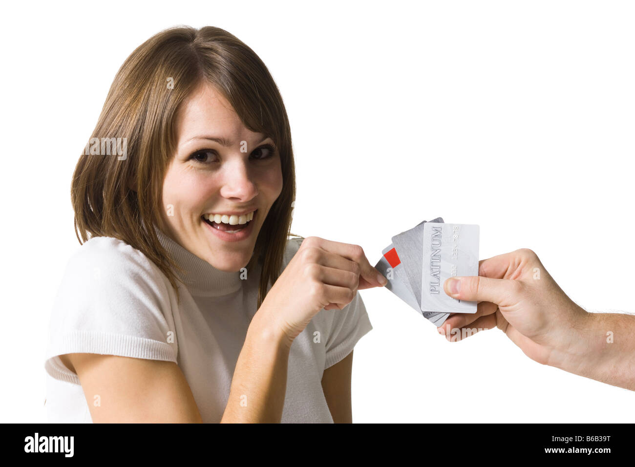 woman choosing a credit card Stock Photo