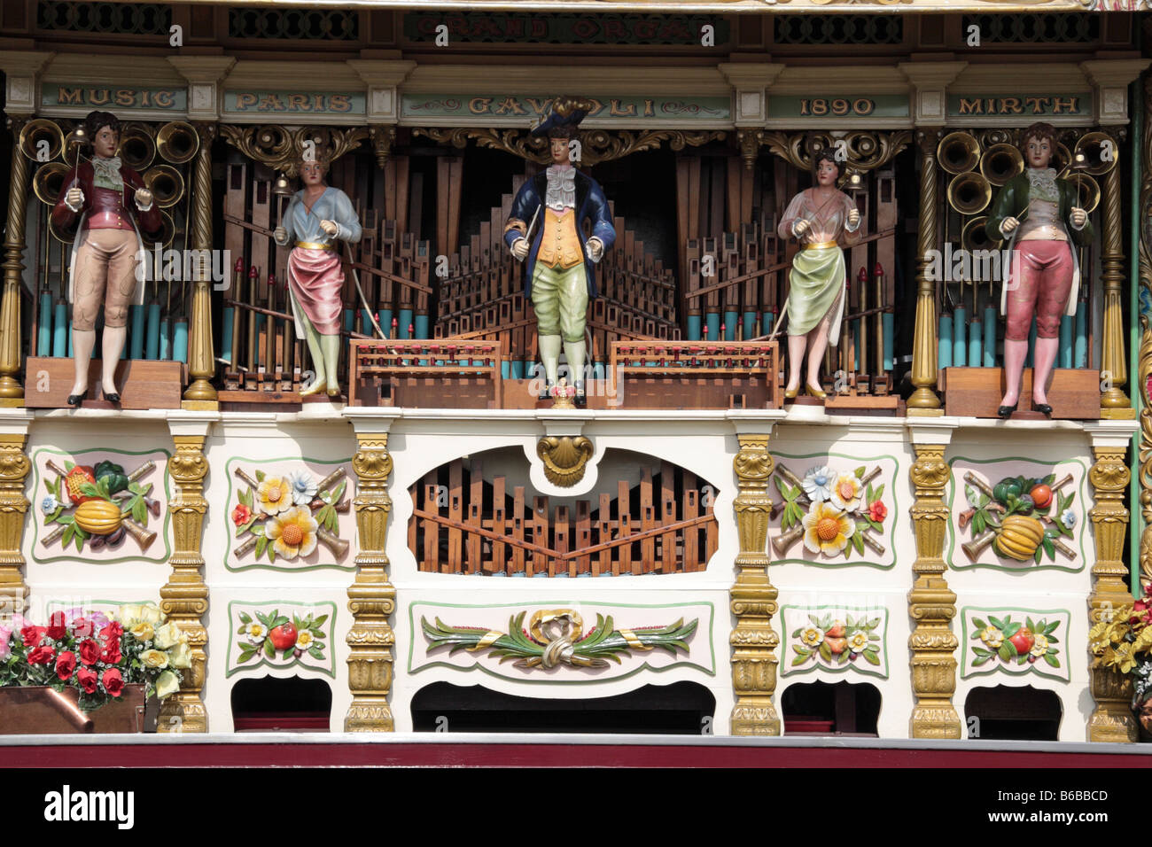 Gavioli Fairground Organ detail showing animated figures pipes and decoration at 21st Hunton Steam Gathering North Yorkshire Stock Photo