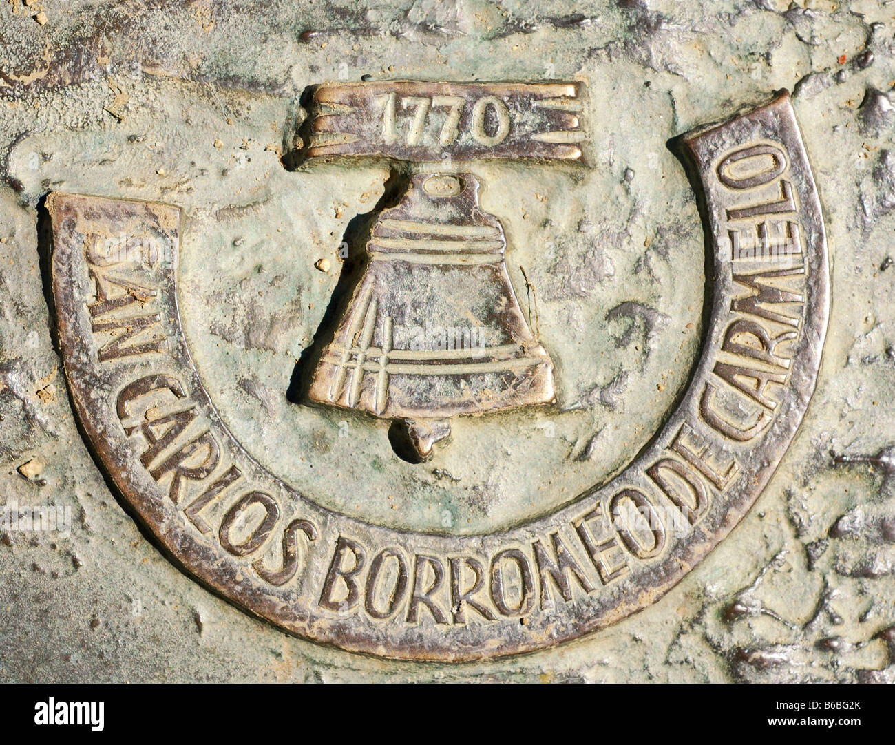 Mission San Carlos Borromeo de Carmelo plaque on statue at California State Capitol Sacramento Stock Photo