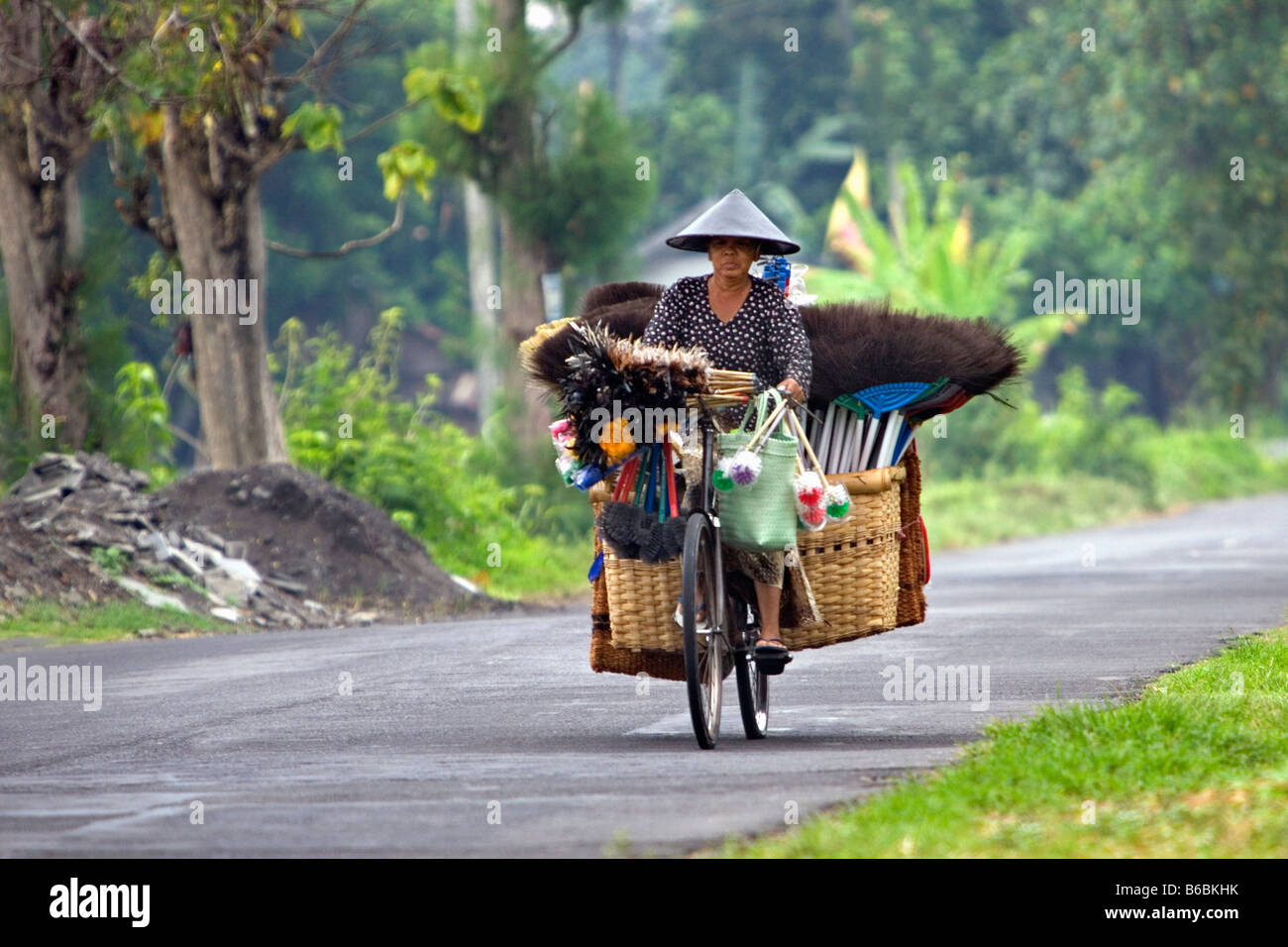 Indonesia, Yogyakarta ( Jokjakarta ), Java, Bicycle as shop of all kind of brooms. Stock Photo