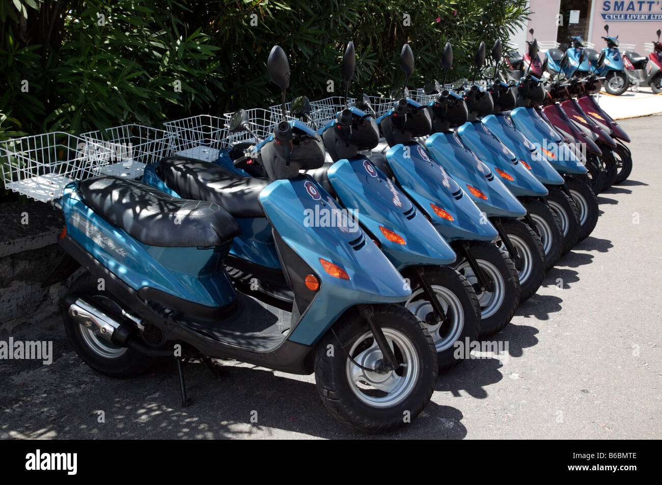 Scooters lined up for hire outside Smatt’s Cycle Livery, on Pitt's Bay