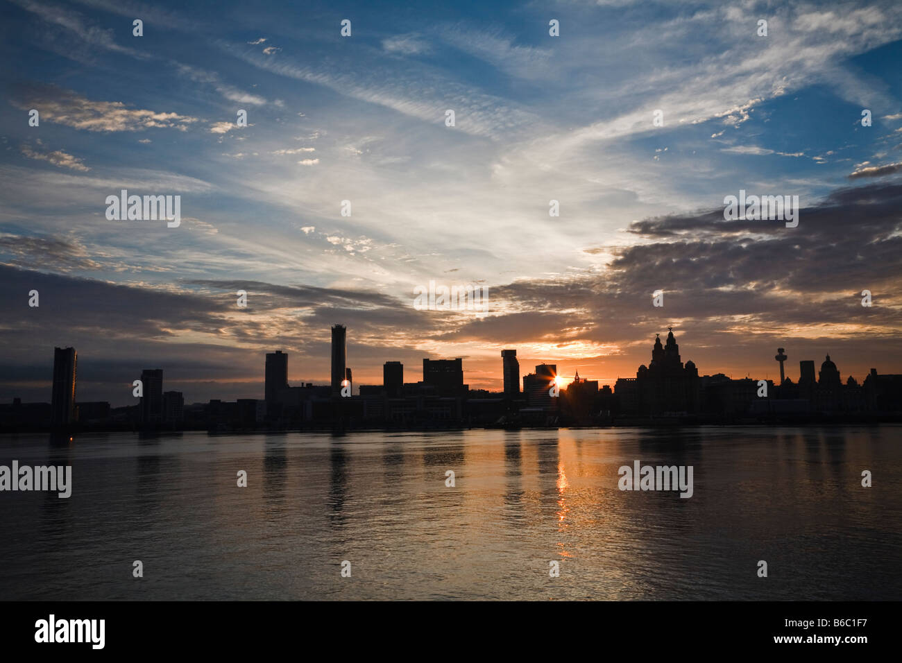Liverpool waterfront at dawn, Merseyside, England Stock Photo