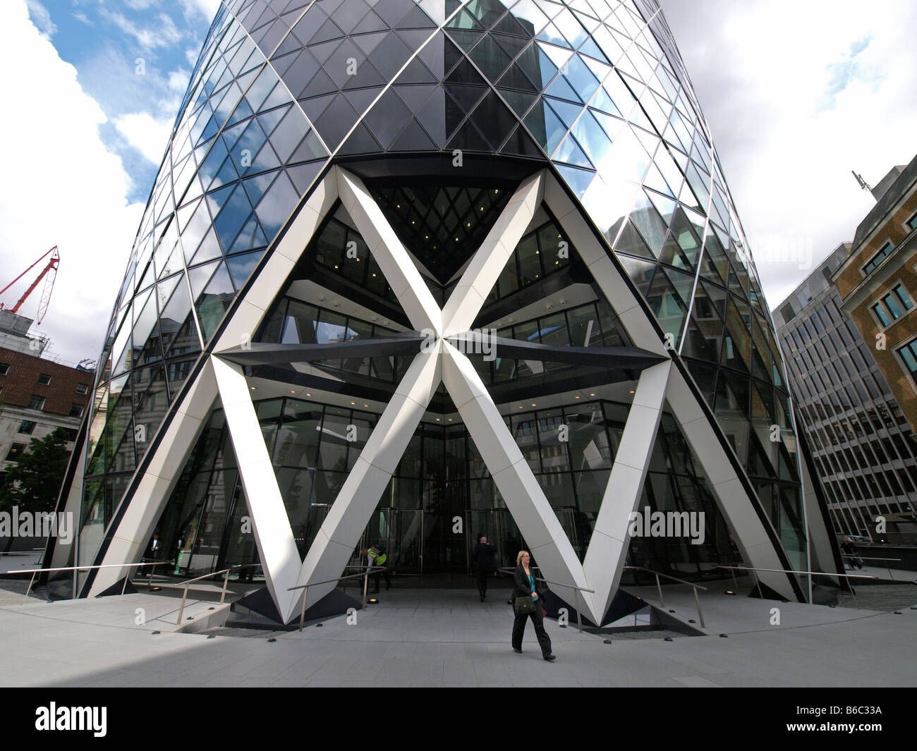 Gherkin Swiss reinsurance building entrance London city UK Stock Photo