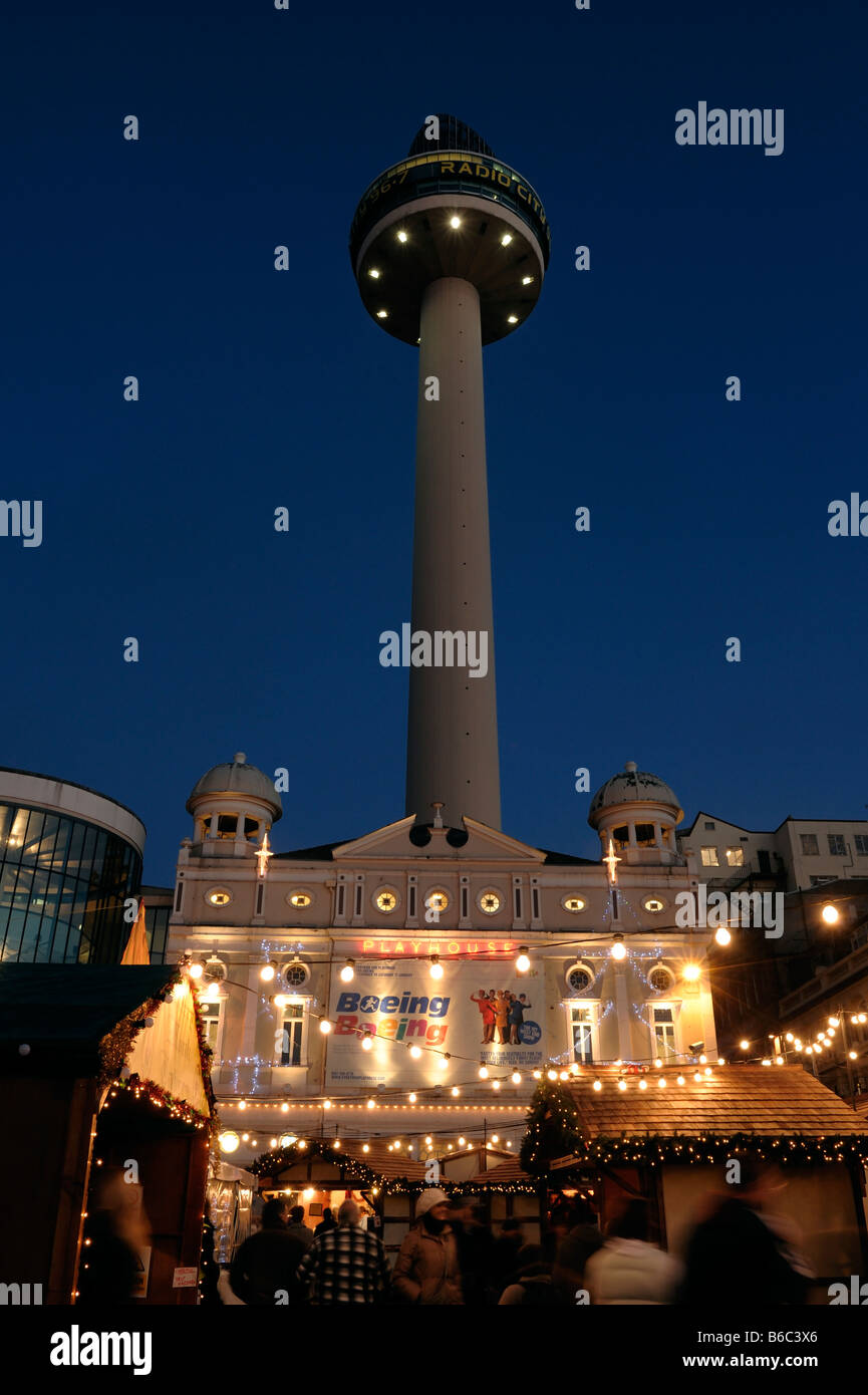Liverpool Christmas Market Playhouse Theater and St Johns Tower Stock