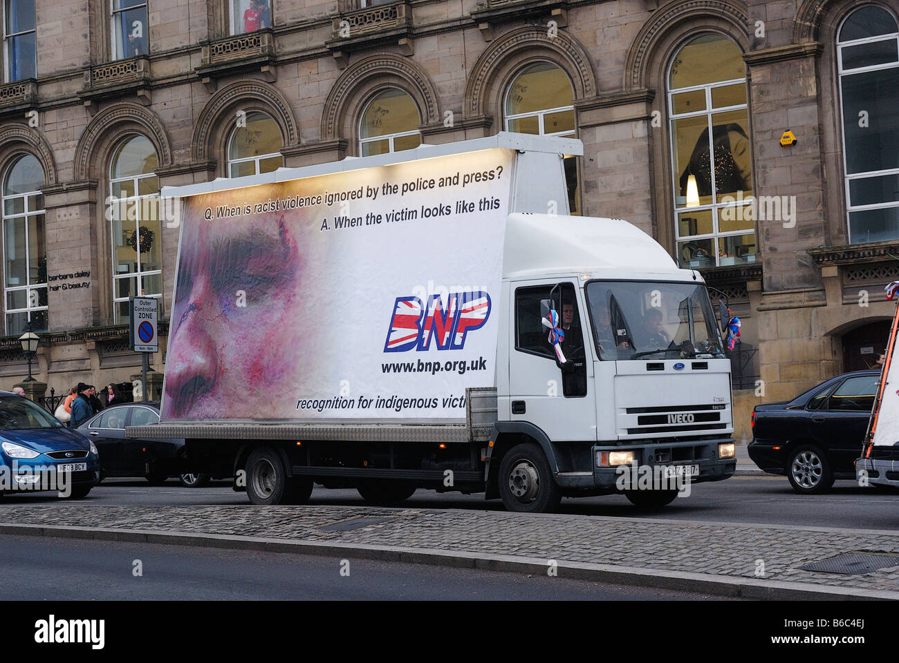 British National Party ( bnp ) 'Truth Truck' driving along Lime Street in Liverpool. Stock Photo
