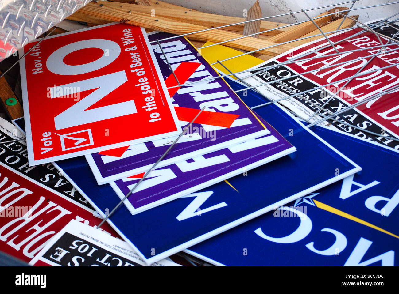 Campaign signs laying flat in the back of a pick up truck Stock Photo