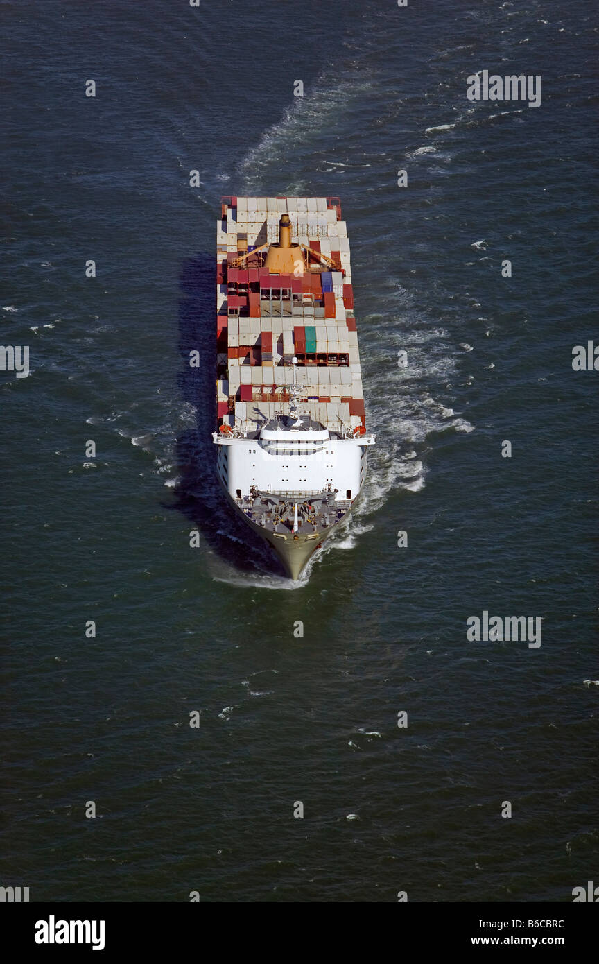 aerial view above fully loaded container ship Stock Photo