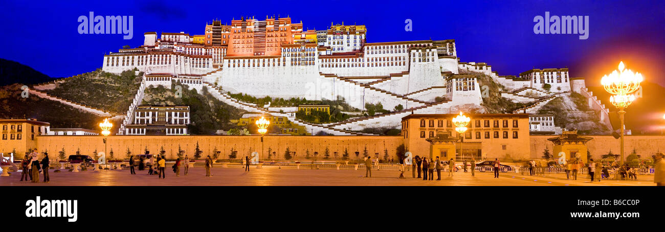 Potala Palace at dusk across Potala Square, Lhasa, Tibet. High resolution floodlit panorama. JMH3769 Stock Photo