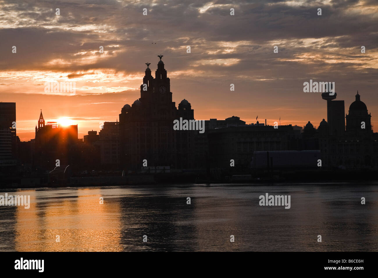 Liverpool waterfront at dawn, Merseyside, England Stock Photo