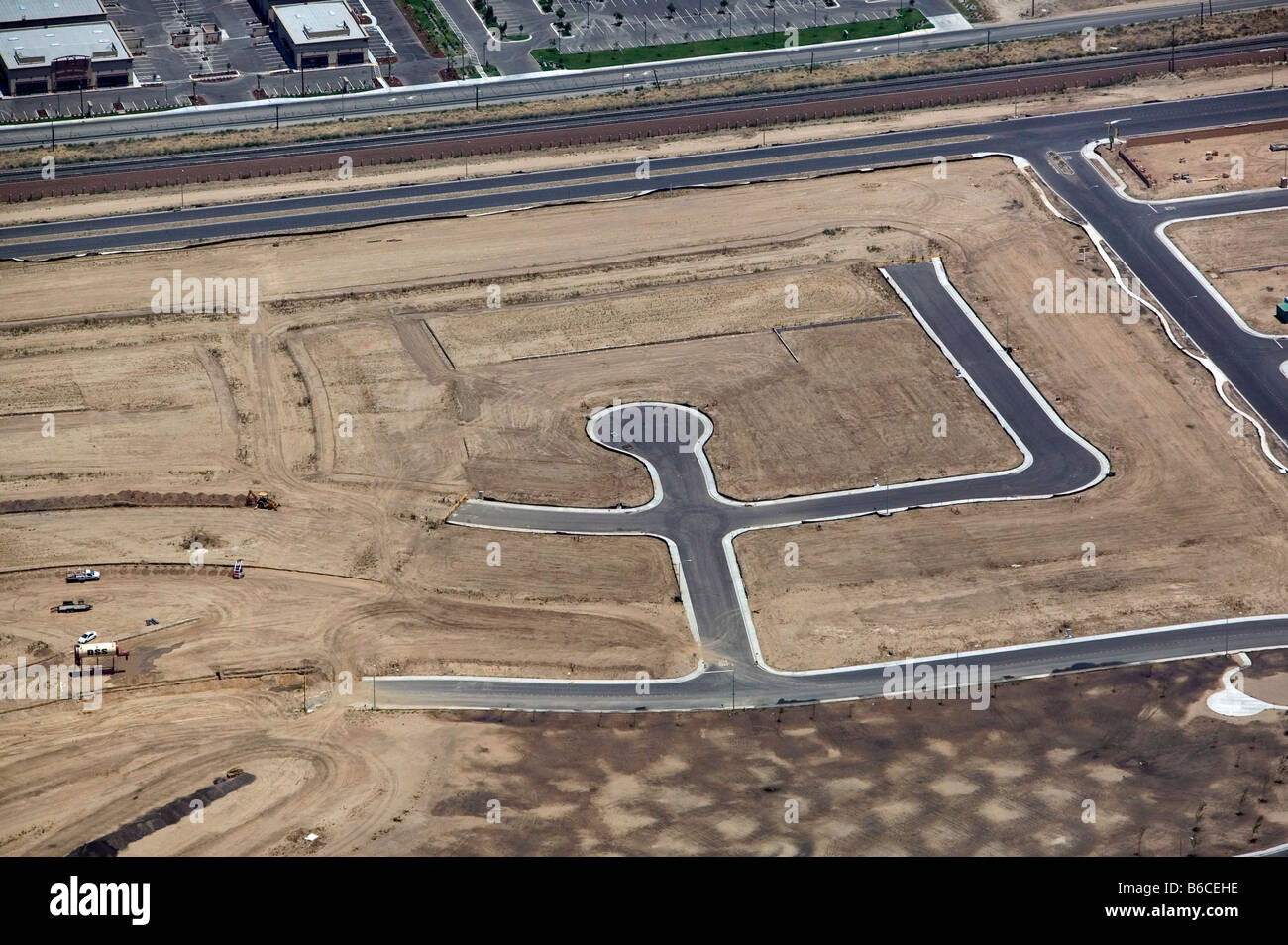 aerial view above early lay out stages of residential housing construction northern California Stock Photo